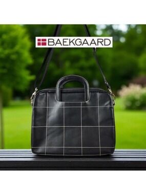 Baekgaard Black Vegan Leather Laptop Bag Grid Stitching – 13.5"x11"